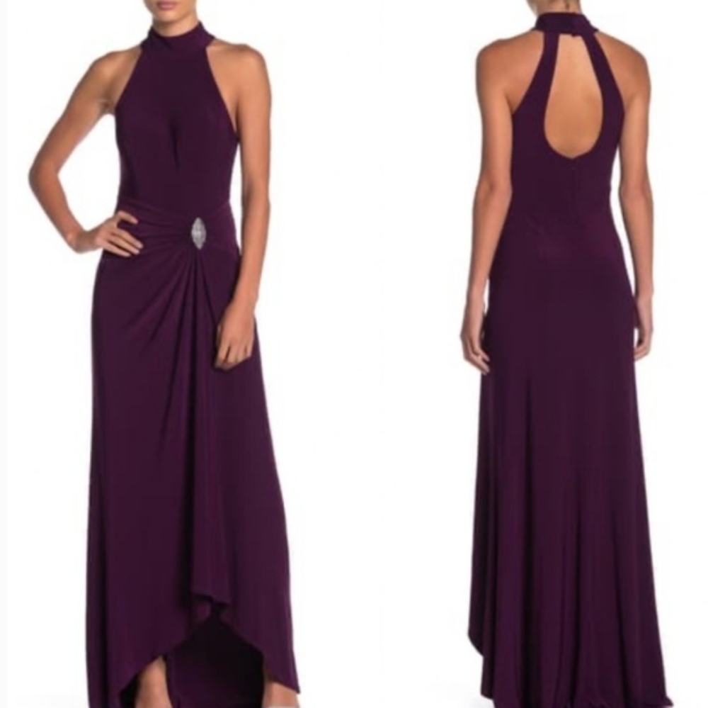 Marina Eggplant Draped Skirt Halter Neck Dress
10